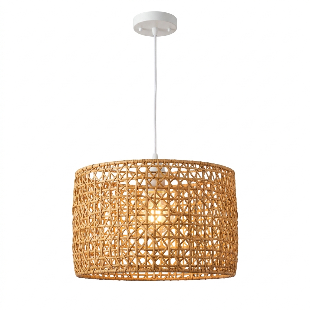 Woven Bamboo Pendant Drum Chandelier & Dimmer Floor Lamp